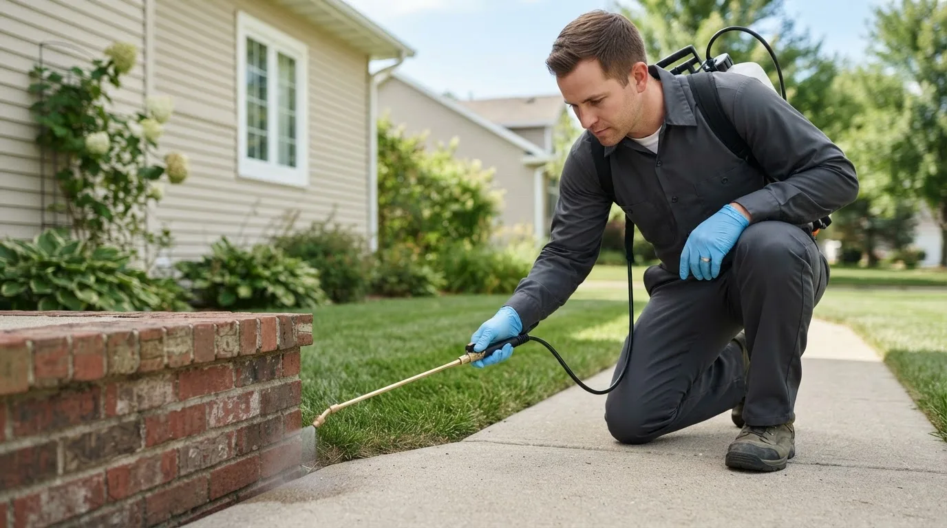 Pest control technician treating a home near Woodstock, NH